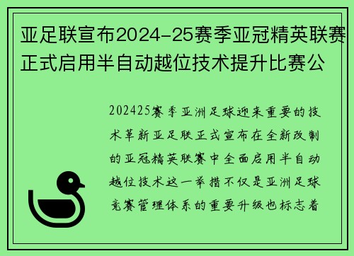 亚足联宣布2024-25赛季亚冠精英联赛正式启用半自动越位技术提升比赛公正性 亚足联宣布2024-25赛季亚冠精英联赛正式启用半自动越位技术提升比赛公正性