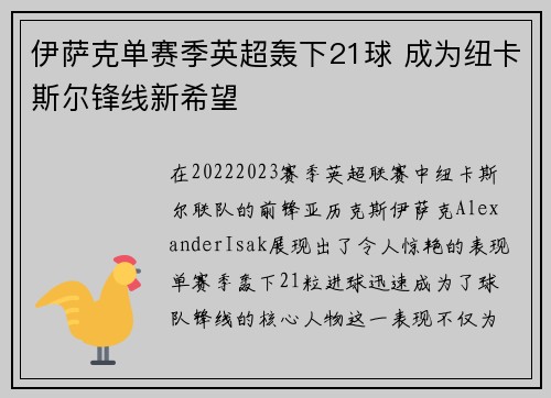 伊萨克单赛季英超轰下21球 成为纽卡斯尔锋线新希望 伊萨克单赛季英超轰下21球 成为纽卡斯尔锋线新希望