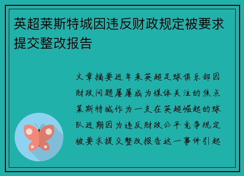 英超莱斯特城因违反财政规定被要求提交整改报告 英超莱斯特城因违反财政规定被要求提交整改报告