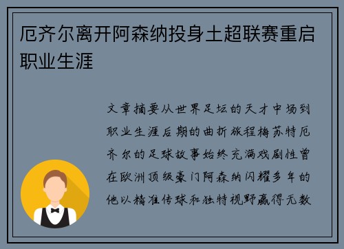 厄齐尔离开阿森纳投身土超联赛重启职业生涯 厄齐尔离开阿森纳投身土超联赛重启职业生涯